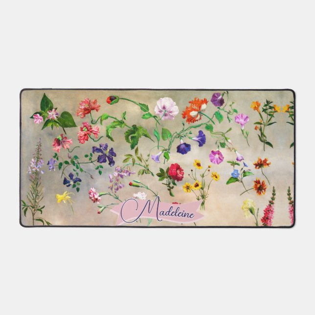 Watercolor Wildflowers Ribbon Personalised Name Desk Mat (Front)
