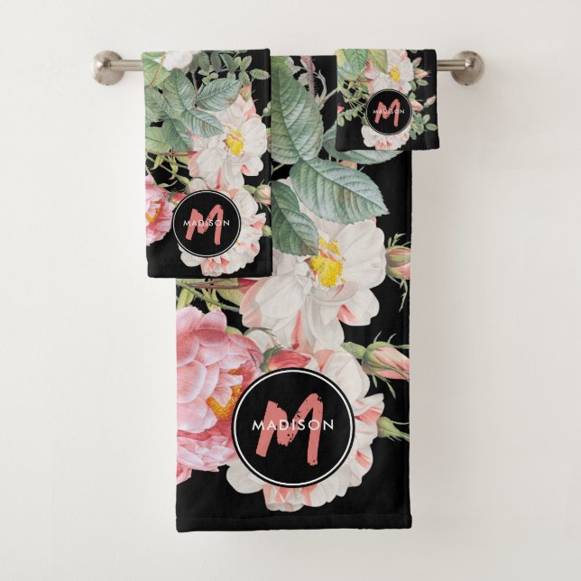 Watercolor Wildflowers Roses Black Pink Monogram Bath Towel Set (Insitu)
