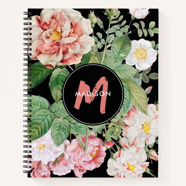 Watercolor Wildflowers Roses Black Pink Monogram  Notebook (Front)