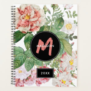 Watercolor Wildflowers Roses White Pink Monogram  Planner