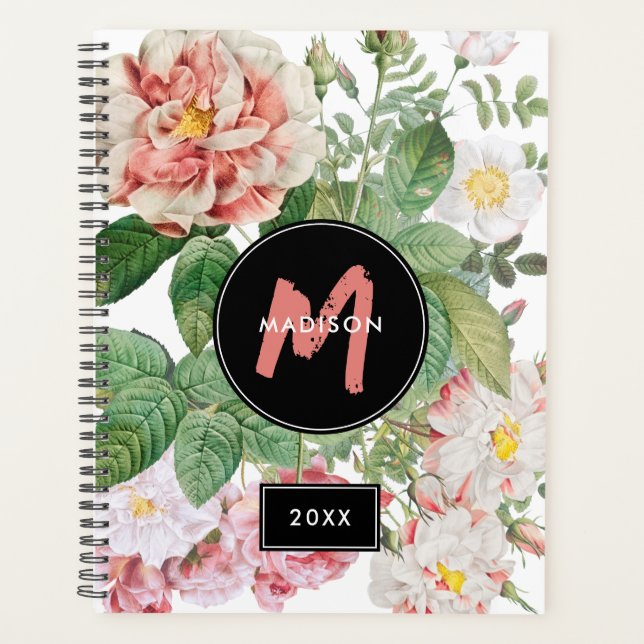 Watercolor Wildflowers Roses White Pink Monogram  Planner (Front)