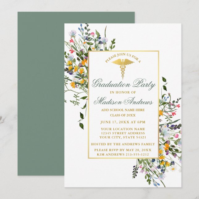 Watercolor Wildflowers Sage Green Nurse Grad Party Invitation (Front/Back)