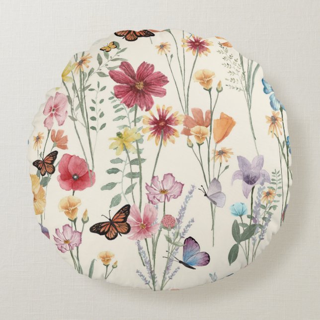 Watercolor Wildflowers Spring Summer Meadow  Round Cushion (Front)