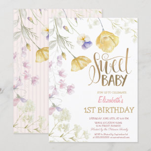 Watercolor Wildflowers Striped Birthday  Invitation