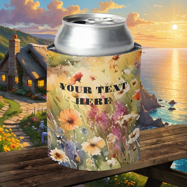 Watercolor Wildflowers Summer Can Cooler (Elegant can cooler featuring a watercolor image of wildflowers in multiple cheerful colors)