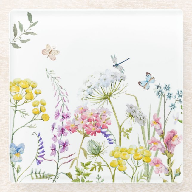 Watercolor Wildflowers Summer Meadow Floral  Glass Coaster (Front)