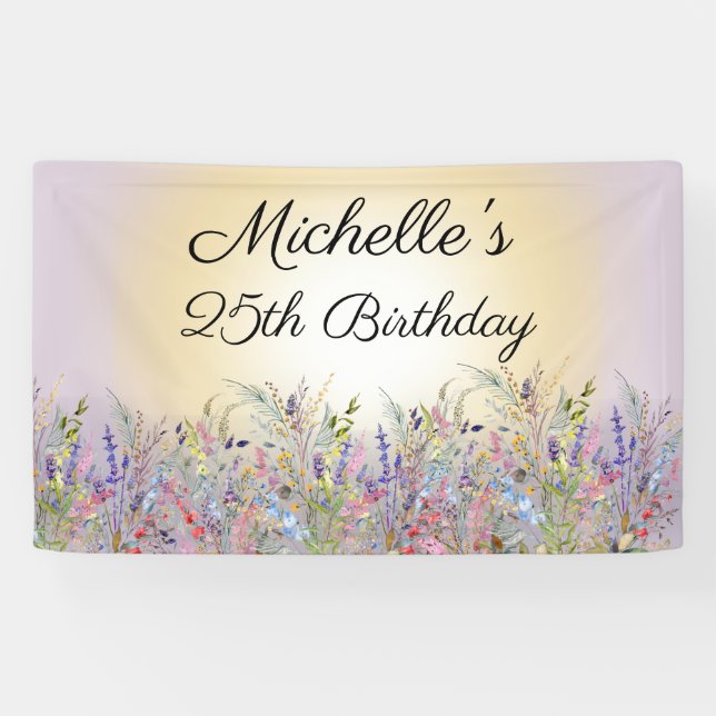 Watercolor Wildflowers Sunshine Purple Birthday  Banner (Horizontal)