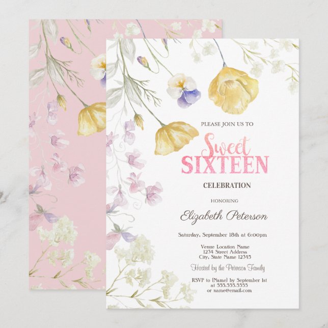 Watercolor Wildflowers Sweet 16 Invitation (Front/Back)