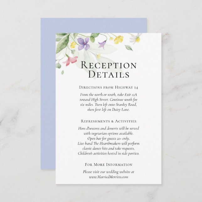 Watercolor Wildflowers Wedding Reception Details Enclosure Card (Front/Back)