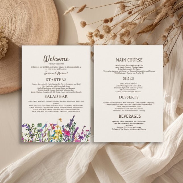 Watercolor Wildflowers Wedding Reception  Menu (Watercolor wildflowers wedding reception 5"x7" menu)