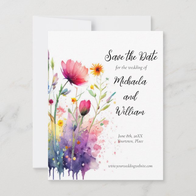 Watercolor Wildflowers Wedding Save the Date (Front)