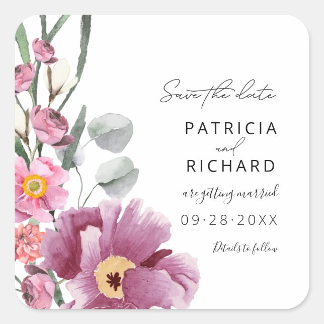 Watercolor Wildflowers Wedding Save The Date Square Sticker (Front)