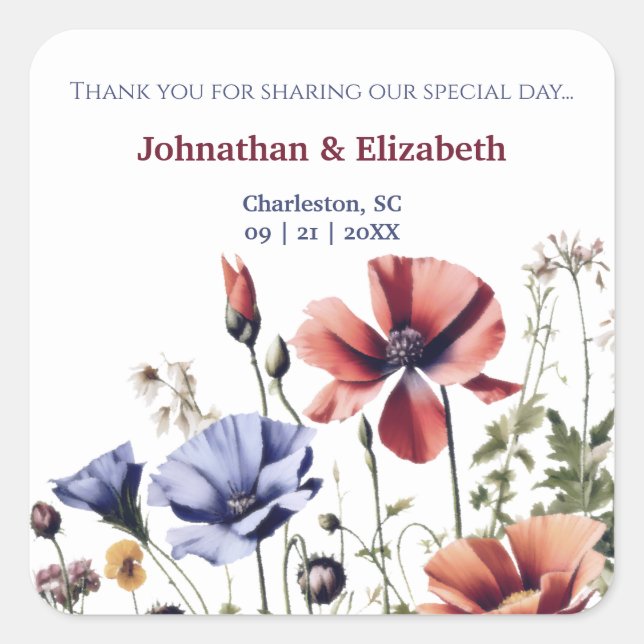 Watercolor Wildflowers Wedding Square Sticker (Front)