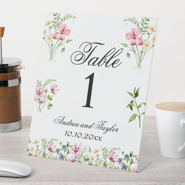 Watercolor Wildflowers Wedding Table Number Pedestal Sign (In SItu)