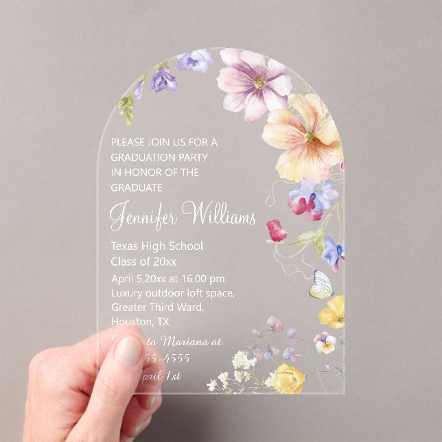 watercolor wildflowers white script graduation  acrylic invitations (Insitu (Handheld))