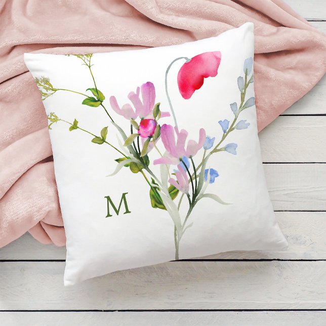 Watercolor Wildflowers with Monogram Cushion (Creator Uploaded)