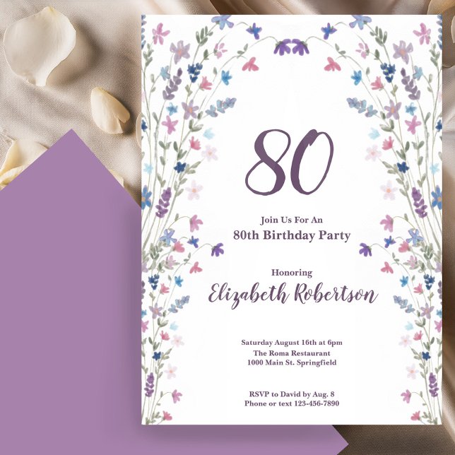 Watercolor Wildflowers Women's 80th Birthday  Invitation (Creator Uploaded)