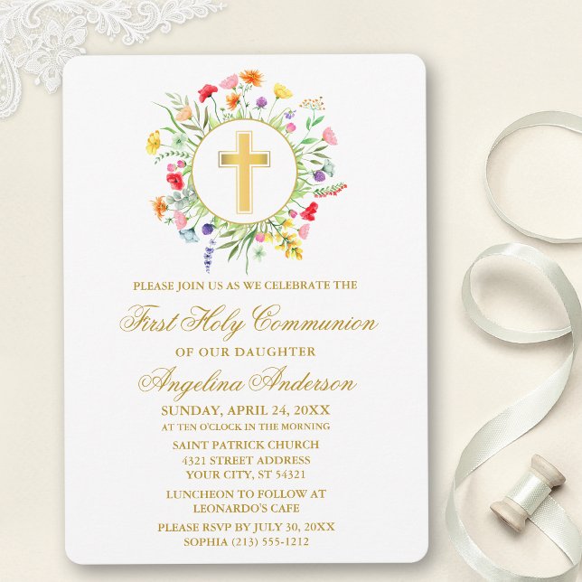 Watercolor Wildflowers Wreath First Communion Gold Invitation (Customize to change text color, size, style or to add photos or more text to back of card.)