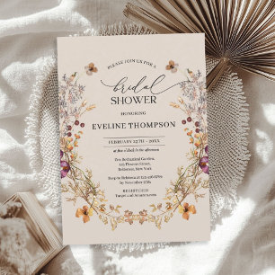 Watercolor wildflowers wreath mauve orange invitation