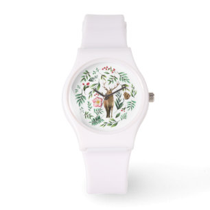 Watercolor wildlife deer with flowers and leaves watch