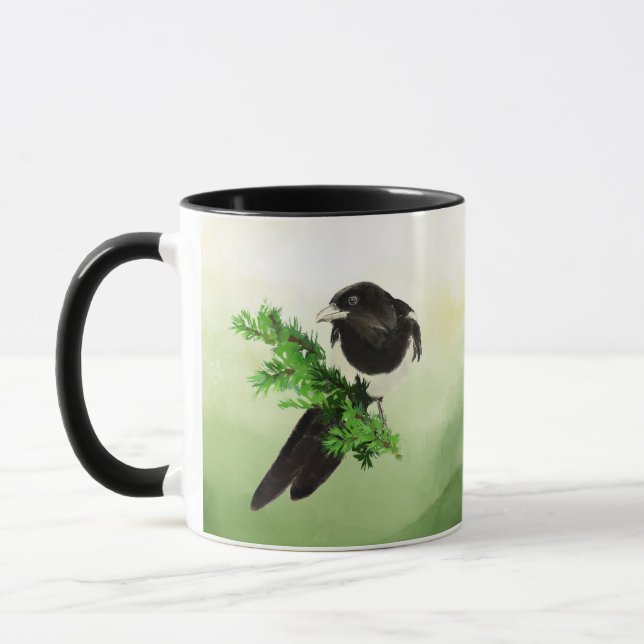 Watercolor Wildlife Magpie Bird Nature art  Coffee Mug (Left)