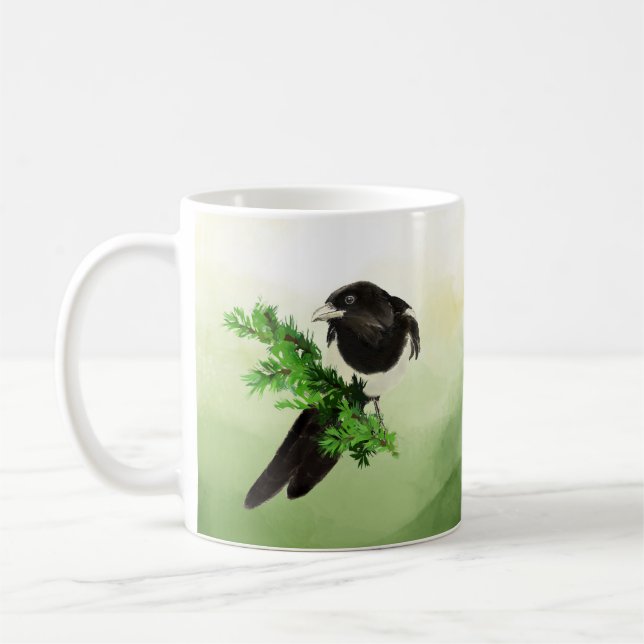 Watercolor Wildlife Magpie Bird Nature art  Coffee Mug (Left)