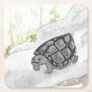 Watercolor Wildlife Nature Forest Turtle Square Paper Coaster