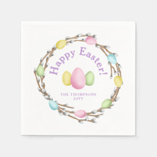 Watercolor Willow Wreath Pastel Happy Easter Napkin