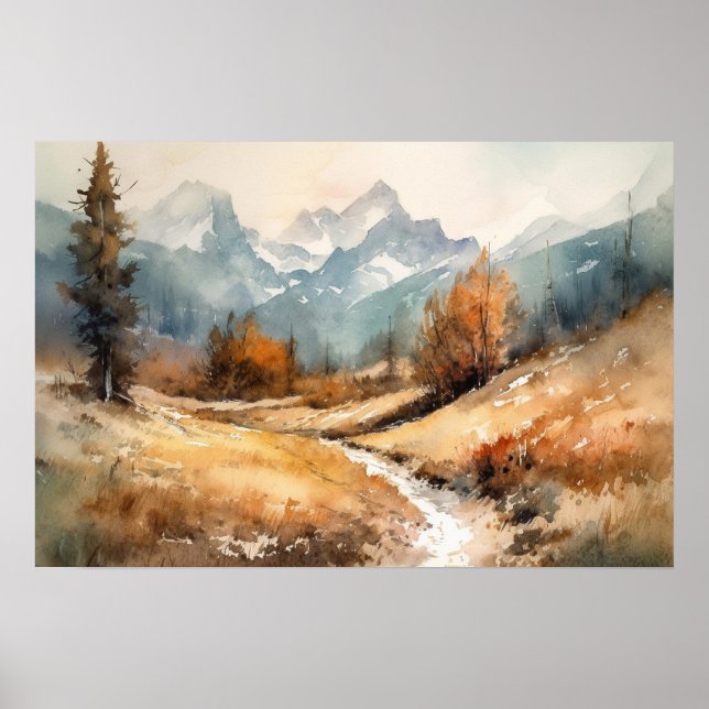 Watercolor winding path mountain foothills winter poster (Front)