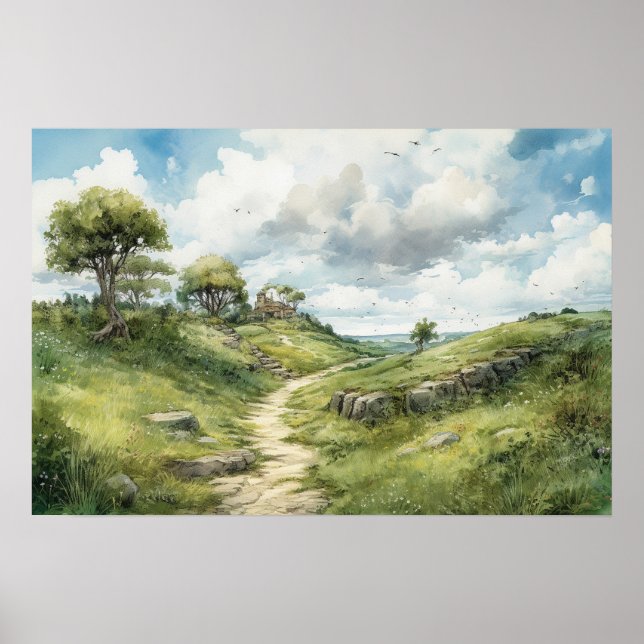 Watercolor winding path through a meadow poster (Front)