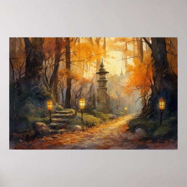 Watercolor winding path through fall woods at dusk poster (Front)
