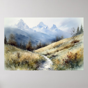 Watercolor winding path through mountain foothills poster