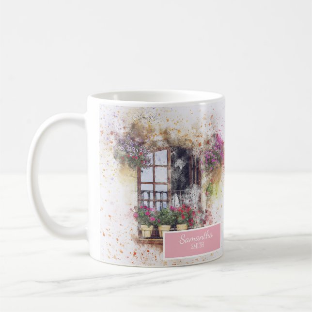 Watercolor Window Garden Colourful Flowers Custom Coffee Mug (Left)