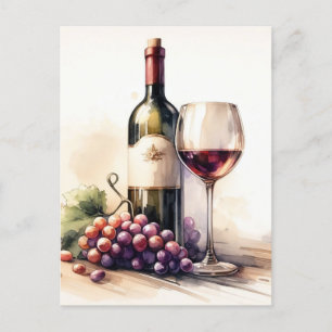 Watercolor Wine Bottle and Grapes Postcard