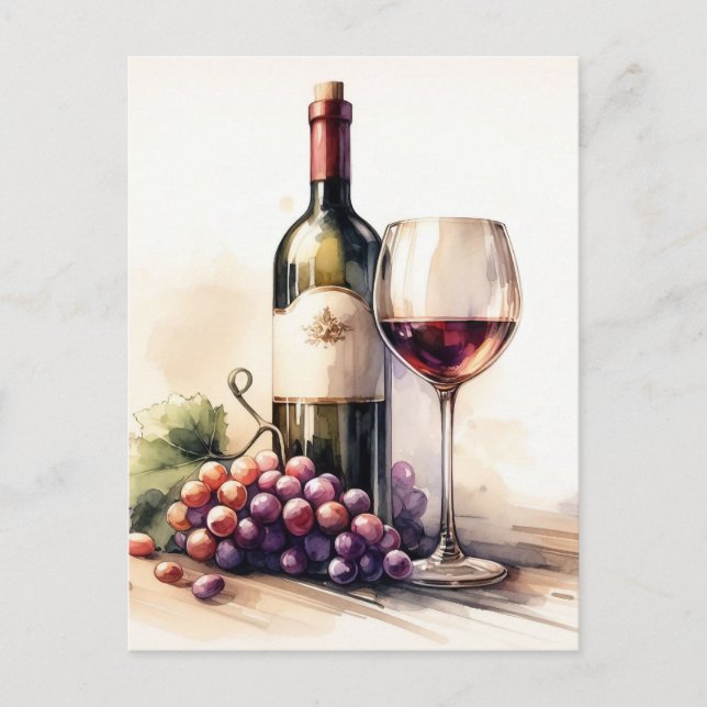 Watercolor Wine Bottle and Grapes Postcard (Front)