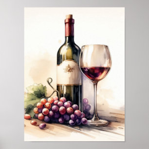 Watercolor Wine Bottle and Grapes Poster