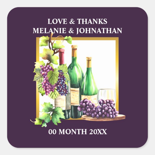 Watercolor wine bottles grapes lapis winery chic square sticker (Front)