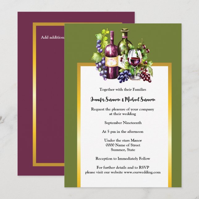 Watercolor wine glass bottles red green grapes  invitation (Front/Back)
