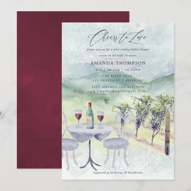 Watercolor Wine Tasting themed Bridal Shower Invitation (Front/Back)