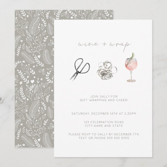 Watercolor Wine & Wrap Christmas Holiday Party Invitation (Front/Back)