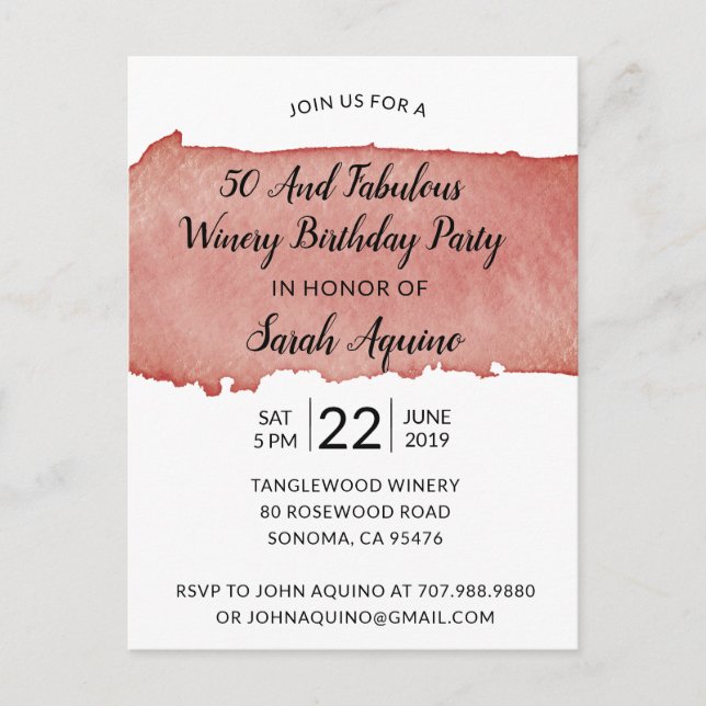 Watercolor Winery 50 & Fabulous Birthday Party Invitation Postcard (Front)