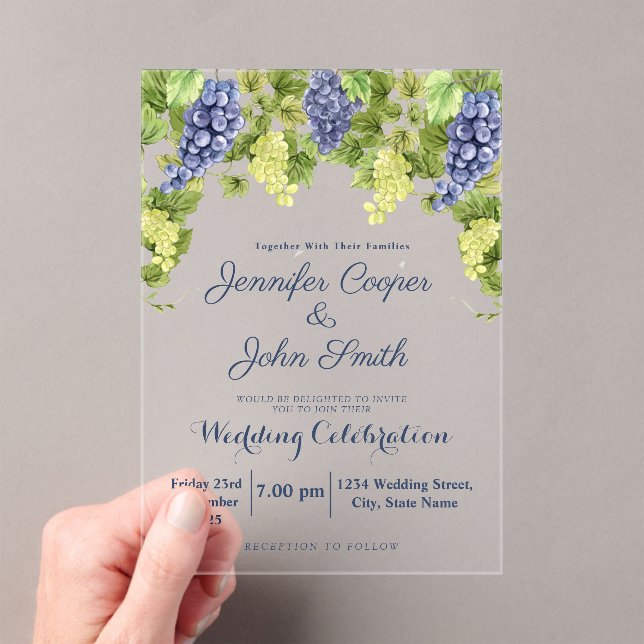 Watercolor Winery Grape Vines Vineyard Wedding Acrylic Invitations (Insitu (Handheld))