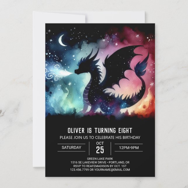 Watercolor Winged Dragon Birthday Customisable Invitation (Front)