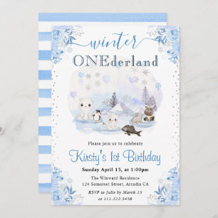Watercolor Winter Arctic Animals 1st Birthday Invitation