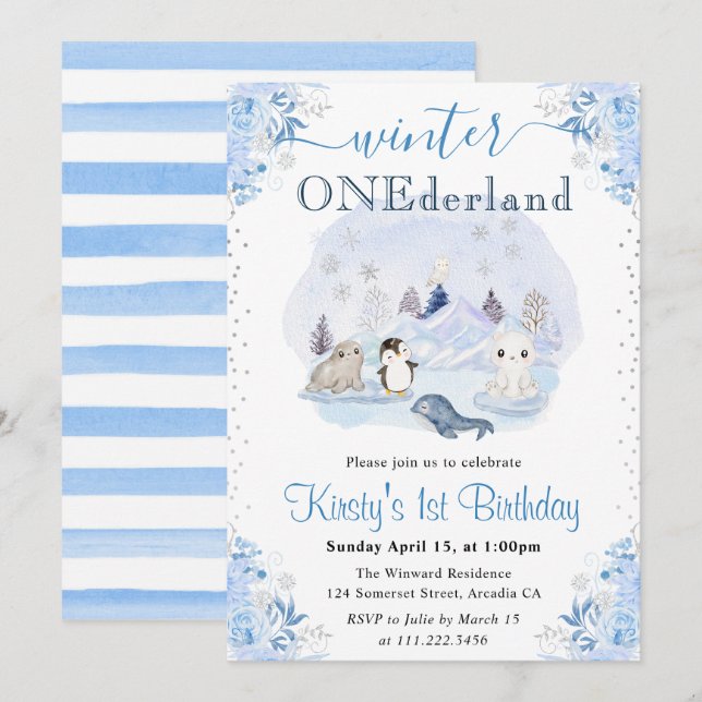 Watercolor Winter Arctic Animals 1st Birthday Invitation (Front/Back)