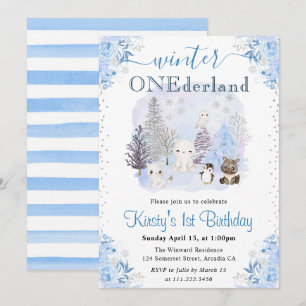 Watercolor Winter Arctic Animals 1st Birthday Invitation