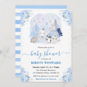 Watercolor Winter Arctic Animals Baby Shower Invitation