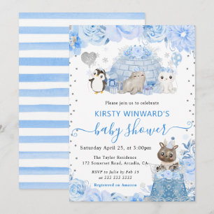 Watercolor Winter Arctic Animals Baby Shower Invitation
