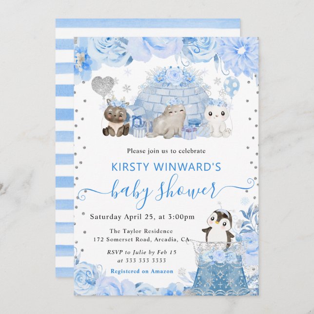 Watercolor Winter Arctic Animals Baby Shower Invitation (Front/Back)