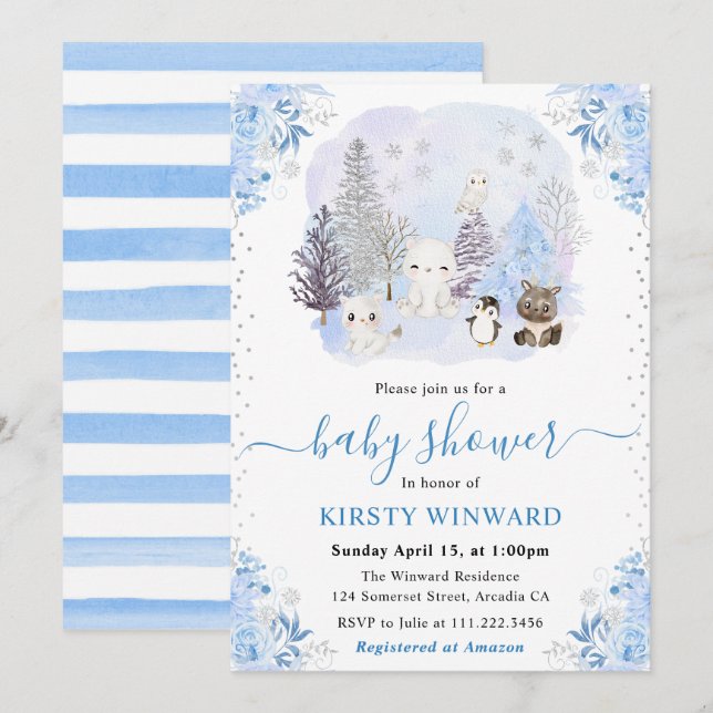 Watercolor Winter Arctic Animals Baby Shower Invitation (Front/Back)